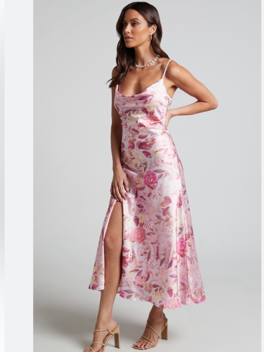 Cowl Neck Pink Floral Midi Dress